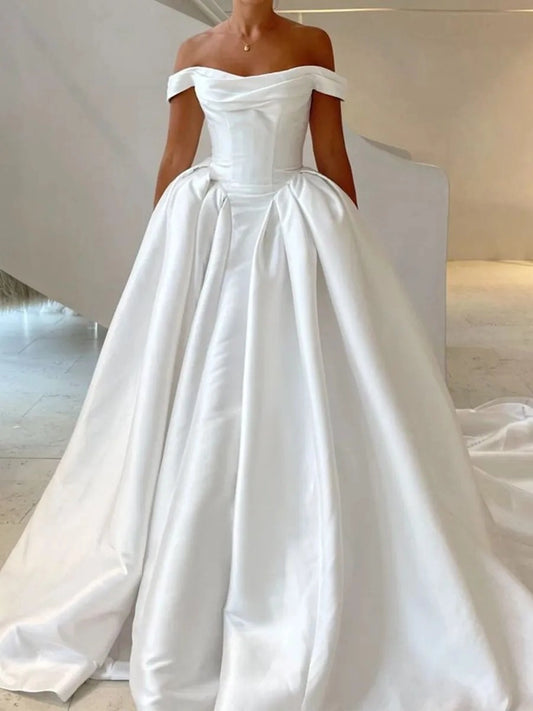 Elegant Ball Gown Off Shoulder Sleeveless V Back Floor Length Wedding Dress