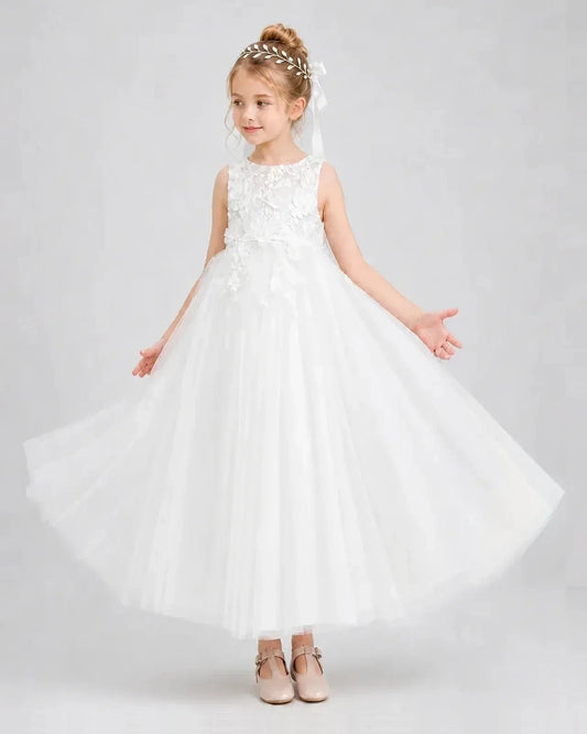 Elegant A-Line Round Neck Sleeveless Keyhole Back Long Flower Girl Dress