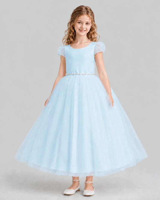 Elegant A-Line Round Neck Puff Sleeve Bow Back Tea-Length Flower Girl Dress