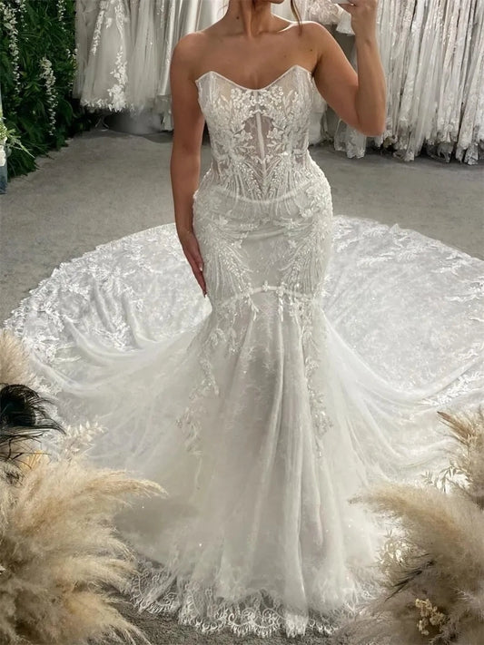Romantic Mermaid Sweetheart Sleeveless Low Back Floor Length Wedding Dress