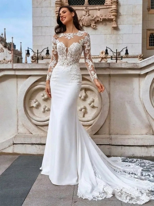Elegant Mermaid Illusion Neck Long Sleeve Open Back Chapel Wedding Dress