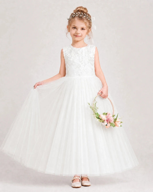 Elegant Ball Gown Round Neck Sleeveless V Back Floor Length Flower Girl Dress