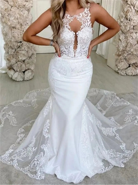 Romantic Mermaid Illusion Neck Sleeveless Strappy Back Cathedral Wedding Dress