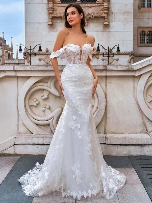 Romantic Mermaid Sweetheart Off Shoulder Sheer Back Floor Length Wedding Dress