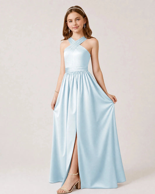Elegant A Line Halter Sleeveless Open Back Floor Length Bridesmaid Dress