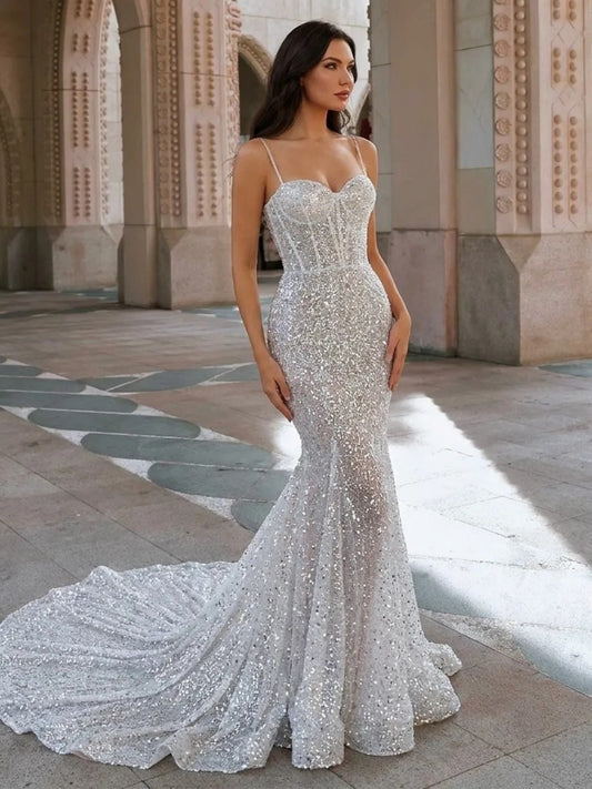 Glamorous Mermaid Sweetheart Spaghetti Strap Low Back Train Wedding Dress