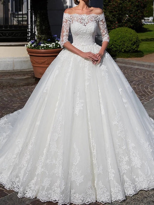 Elegant Ball Gown Off Shoulder Lace Sleeves Button Back Wedding Dress