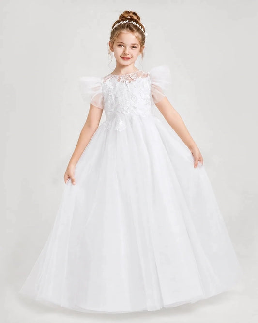 Elegant A-Line Illusion Neck Flutter Sleeve Button Back Floor-Length Flower Girl Dress