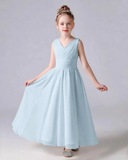 Elegant A-Line V-Neck Sleeveless Bow-Back Floor-Length Junior Bridesmaid Dress