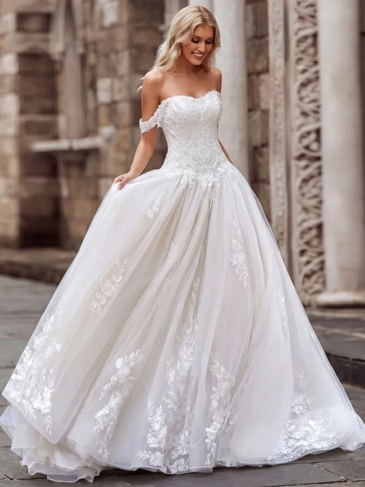 Romantic Ball Gown Sweetheart Off Shoulder Lace Back Floor Length Wedding Dress