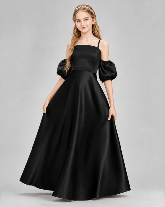 Elegant A Line Square Neck Puff Sleeve Zip Back Floor Length Dress