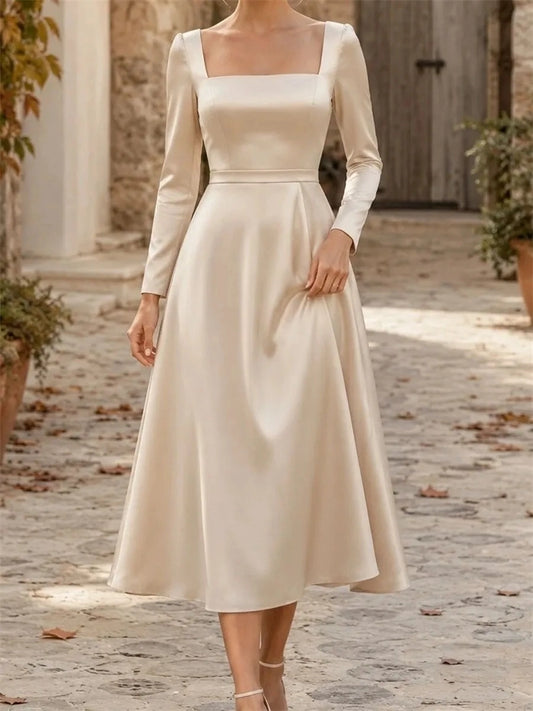 Elegant A Line Square Neck Long Sleeve Zip Back Tea Length Wedding Dress