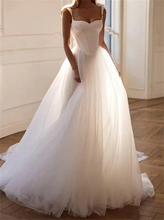 Romantic A-Line Sweetheart Detachable Sleeves Corset Back Floor Length Wedding Dress