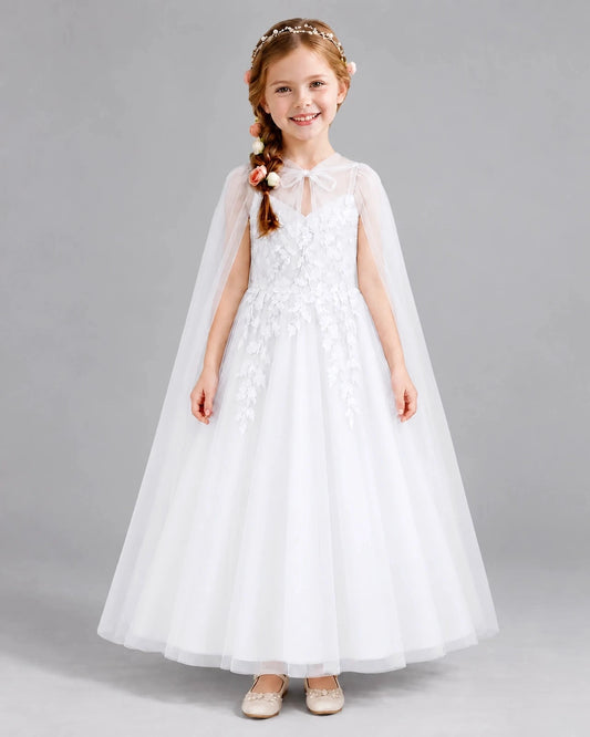 Elegant A-Line Round Neck Cape Sleeves Illusion Back Floor-Length Flower Girl Dress