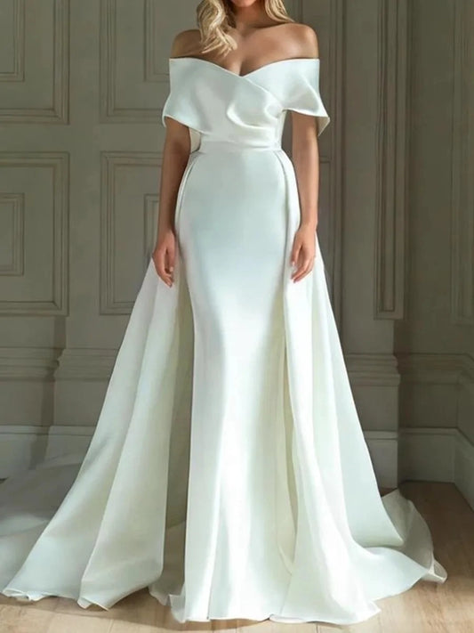 Elegant Mermaid Off Shoulder Short Sleeve Closed Back Floor Length Wedding Dress