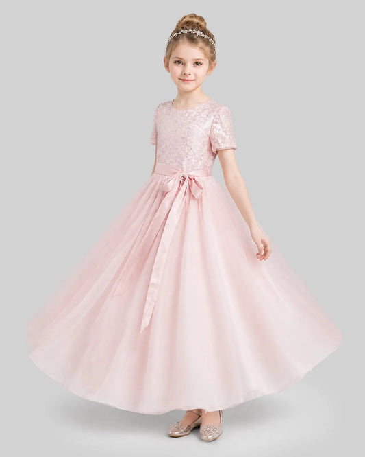 Elegant A-Line Round Neck Short Sleeve Zipper Back Maxi Flower Girl Dress