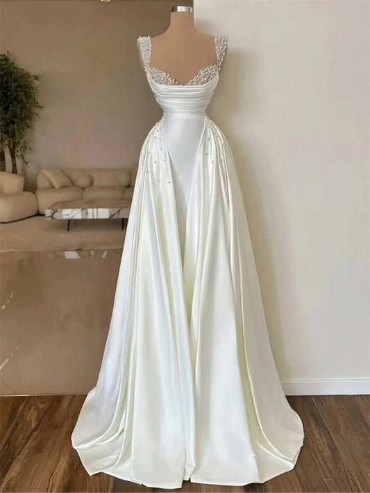 Elegant A-Line Square Neck Sleeveless Fitted Back Floor Length Wedding Dress