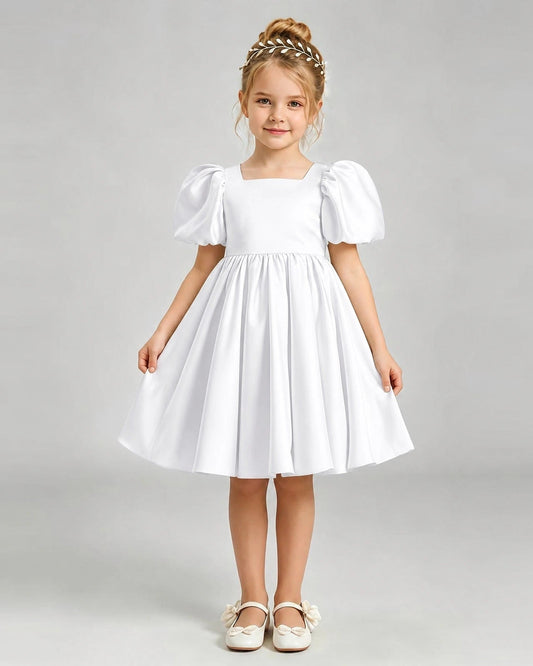 Elegant A Line Square Neck Puff Sleeve Heart Back Knee Length Dress