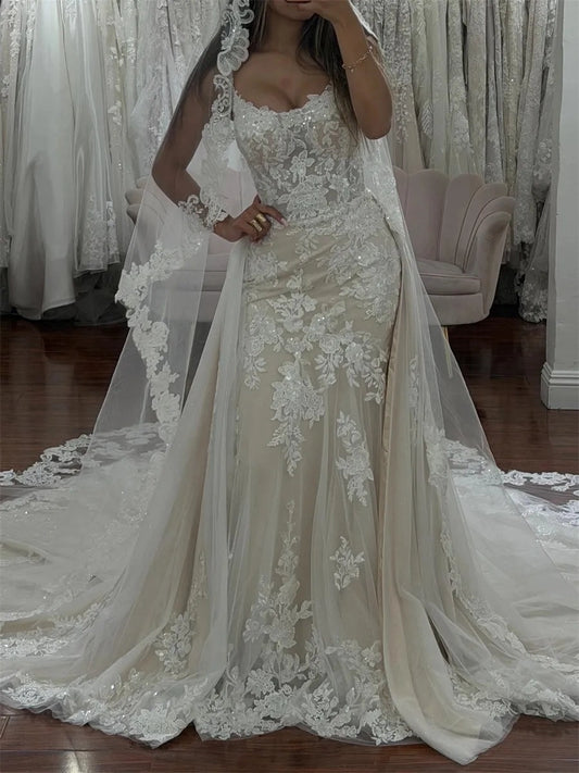 Romantic Mermaid Sweetheart Spaghetti Strap Fitted Back Floor Length Wedding Dress