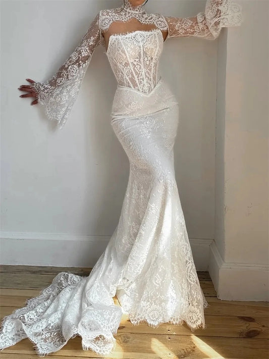 Romantic Mermaid High Neck Bell Sleeve Lace Up Floor Length Wedding Dress