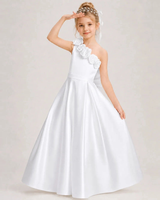 Elegant A-Line One-Shoulder Sleeveless Bow-Back Floor-Length Flower Girl Dress