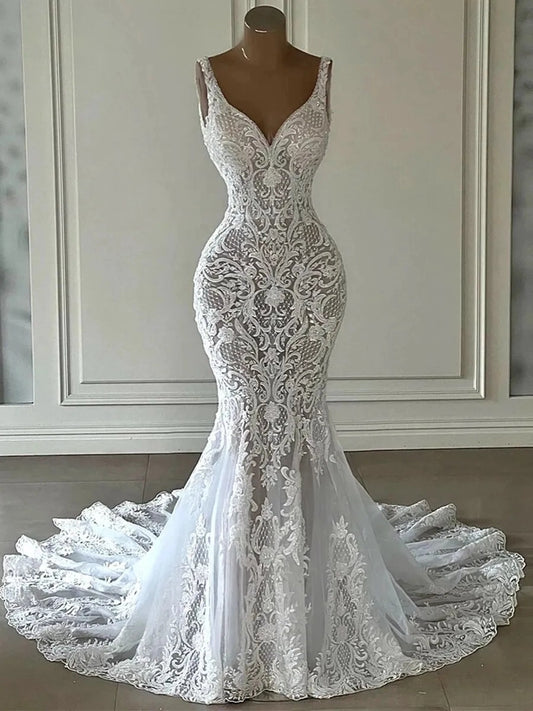 Elegant Mermaid V Neck Sleeveless V Back Cathedral Train Wedding Dress