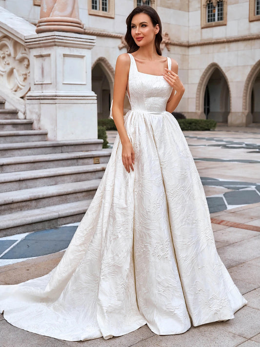 Elegant Ball Gown Square Neck Sleeveless Bow Back Floor Length Wedding Dress