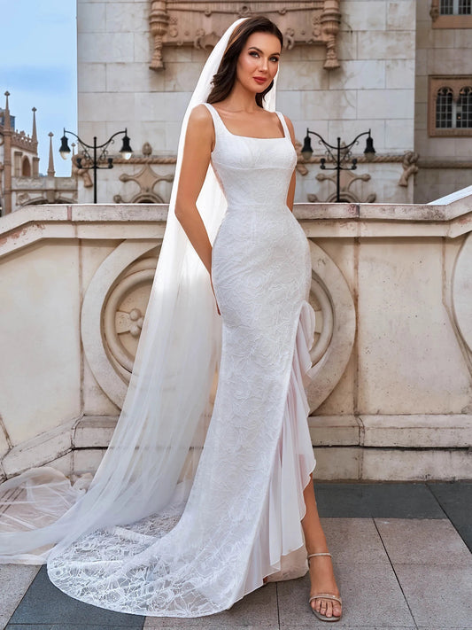 Elegant Mermaid Square Neck Detachable Puff Sleeves Low Back Wedding Dress