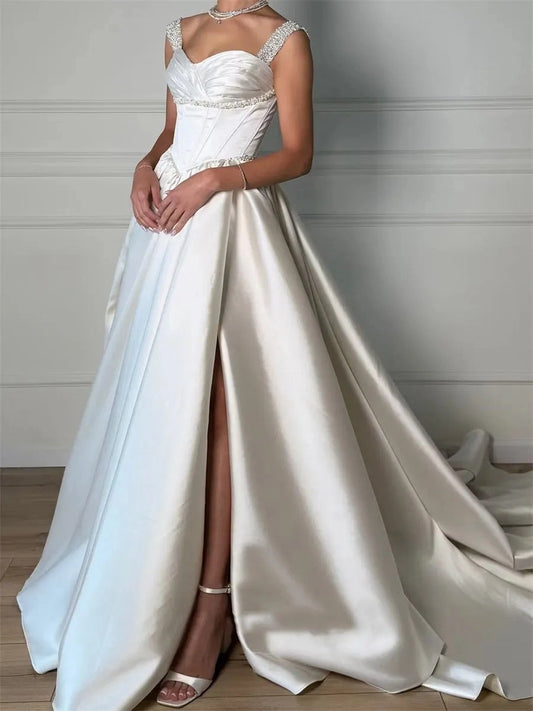 Elegant A-Line Sweetheart Sleeveless Structured Back Floor-Length Wedding Dress