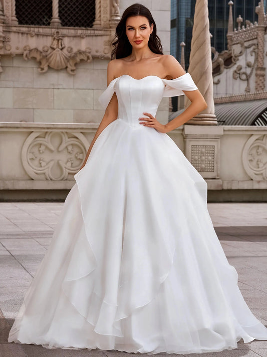 Elegant Ball Gown Sweetheart Off Shoulder Button Back Floor Length Wedding Dress