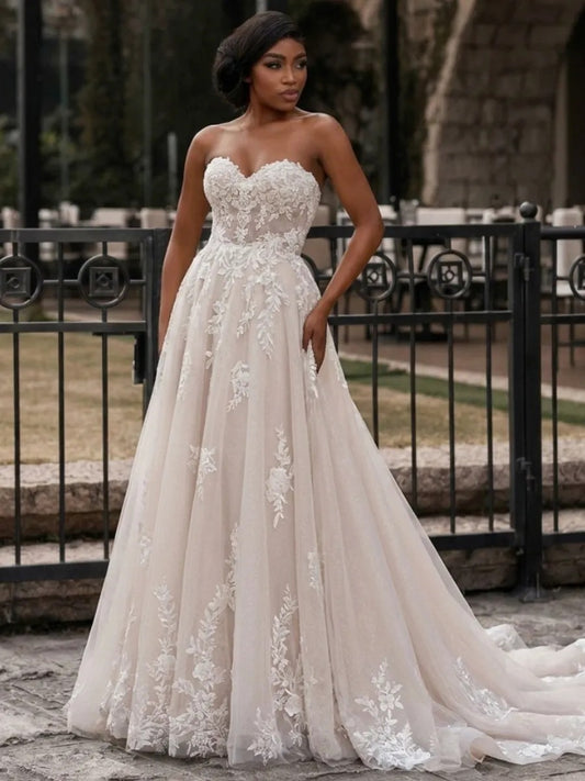 Romantic A Line Sweetheart Strapless Sheer Back Floor Length Wedding Dress