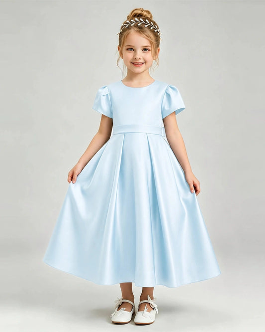 Elegant A-Line Round Neck Puff Sleeve Bow Back Midi Dress