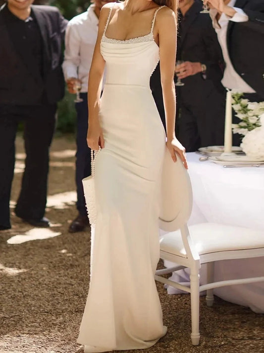 Elegant Sheath Square Neck Sleeveless Pearl Back Floor Length Wedding Dress
