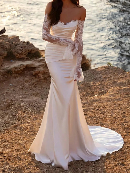 Elegant Mermaid Off Shoulder Lace Sleeves Zipper Back Train Wedding Dress