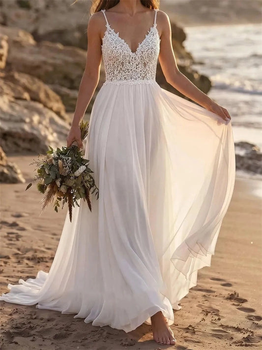 Romantic A Line V Neck Sleeveless Pearl Back Floor Length Wedding Dress