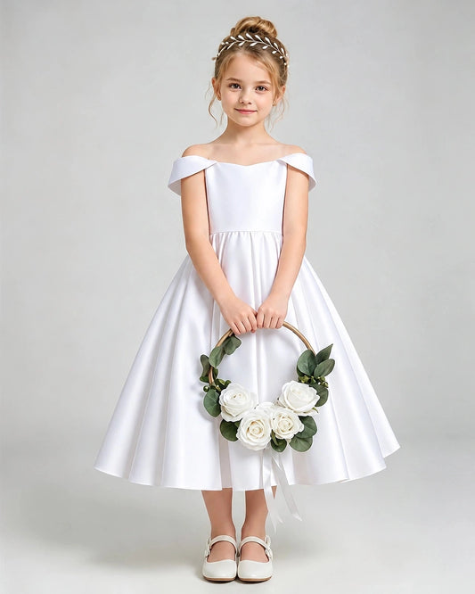 Elegant A-Line Off-Shoulder Sleeveless Bow Back Tea-Length Flower Girl Dress