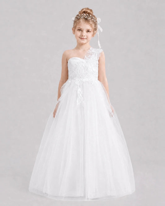 Elegant A-Line One-Shoulder Sleeveless V-Back Floor-Length Flower Girl Dress