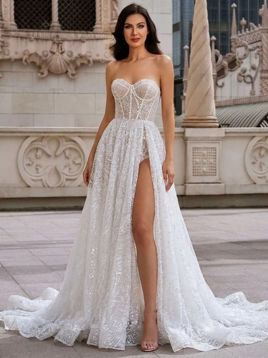 Glamorous A-Line Sweetheart Sleeveless Corset Back Floor Length Wedding Dress