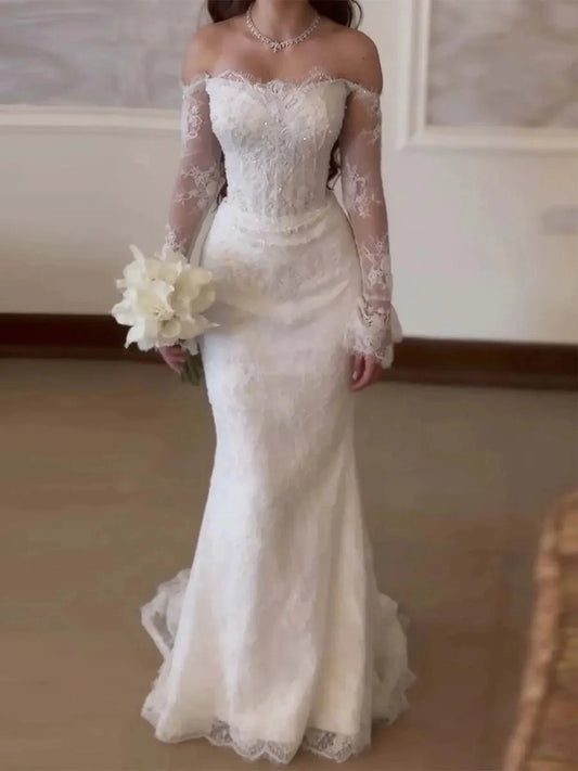 Elegant Mermaid Sweetheart Long Sleeve Zipper Back Floor Length Wedding Dress