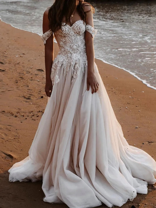 Romantic A-Line Sweetheart Off-Shoulder Fitted Back Floor-Length Wedding Dress