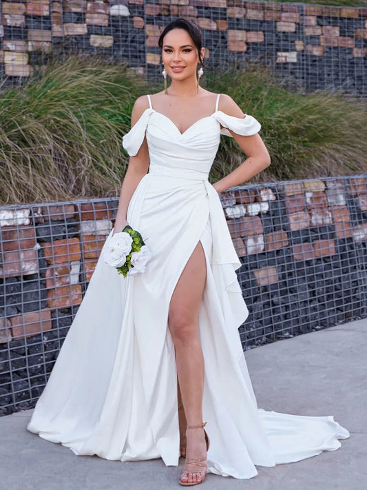 Elegant A-Line Sweetheart Draped Sleeve V-Back Floor-Length Wedding Dress