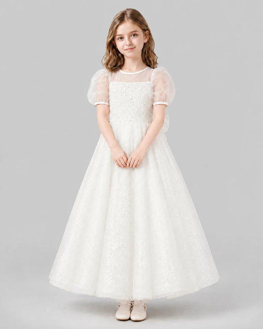 Sparkling A-Line Round Neck Puff Sleeve Bow Back Long Flower Girl Dress