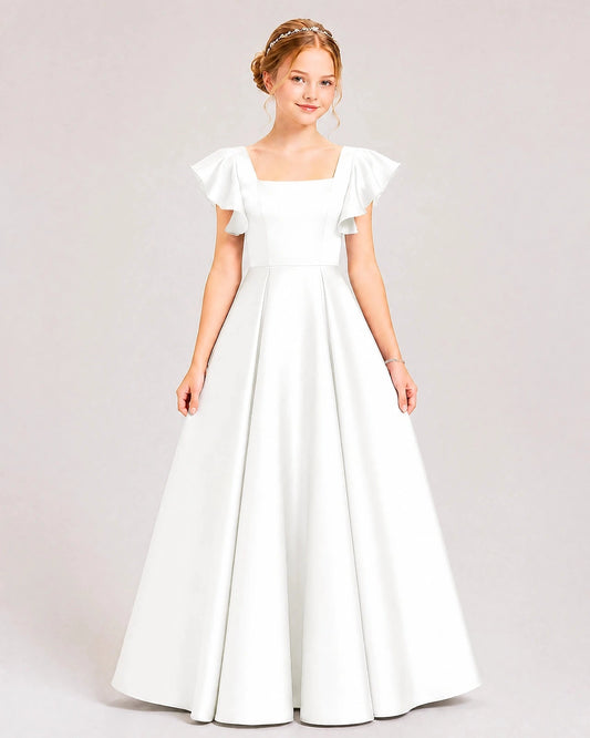 Elegant A Line Square Neck Flutter Sleeve Square Back Floor Length Dress