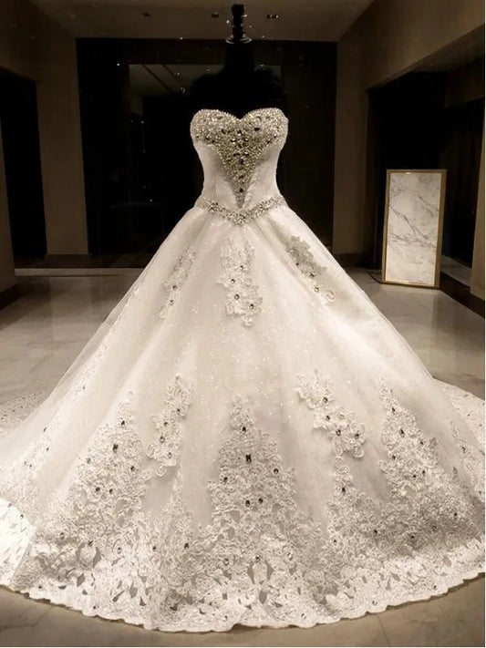 Luxurious Ball Gown Sweetheart Sleeveless Lace Up Cathedral Wedding Dress