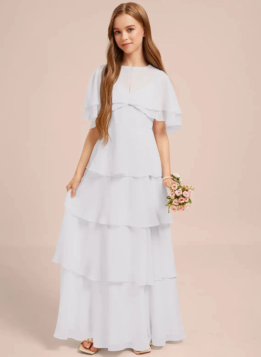 Flowy A-Line Round Neck Cape Sleeve Zipper Back Maxi Junior Bridesmaid Dress