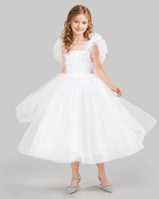 Elegant A-Line Illusion Neck Ruffle Sleeve Zipper Back Midi Flower Girl Dress