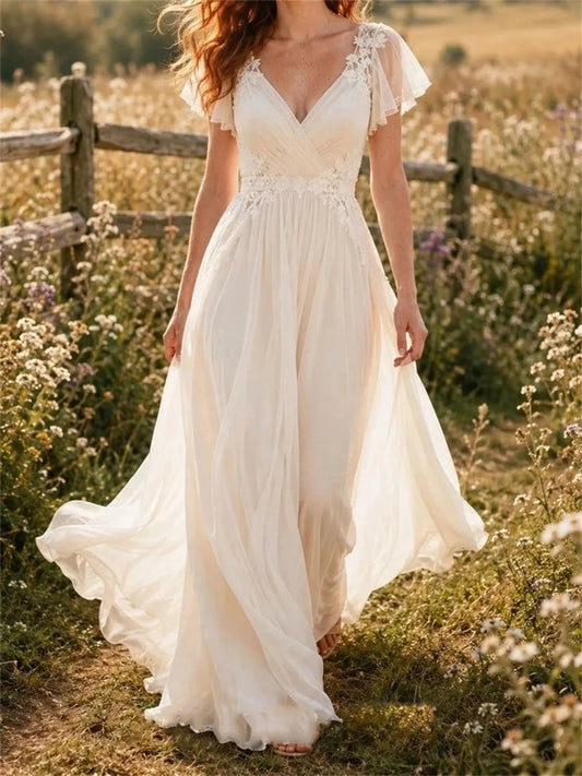 Romantic A-Line V-Neck Flutter Sleeve Deep V-Back Floor-Length Wedding Dress