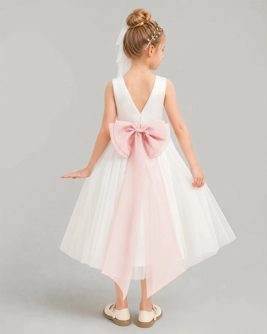 Elegant A-Line Round Neck Sleeveless V-Back Tea-Length Flower Girl Dress