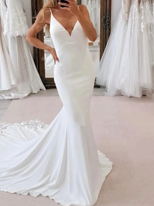 Elegant Mermaid V Neck Sleeveless Low Back Floor Length Wedding Dress