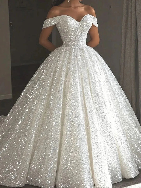 Sparkling Ball Gown Sweetheart Off Shoulder Lace Up Floor Length Wedding Dress